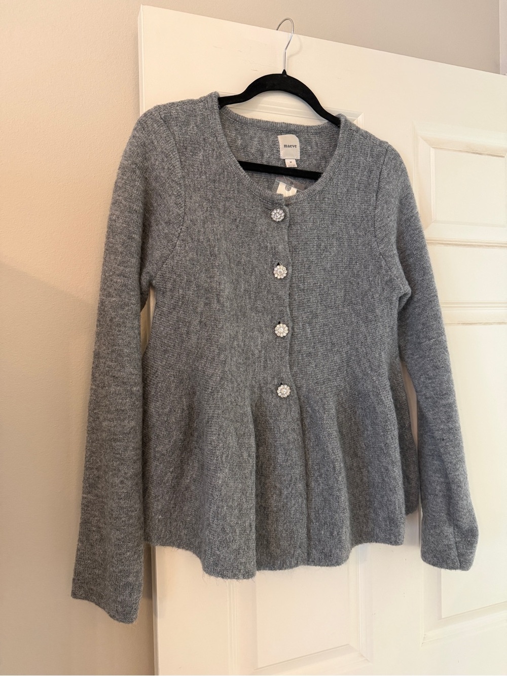 Maeve Gray Knit Button-Front Peplum Cardigan
